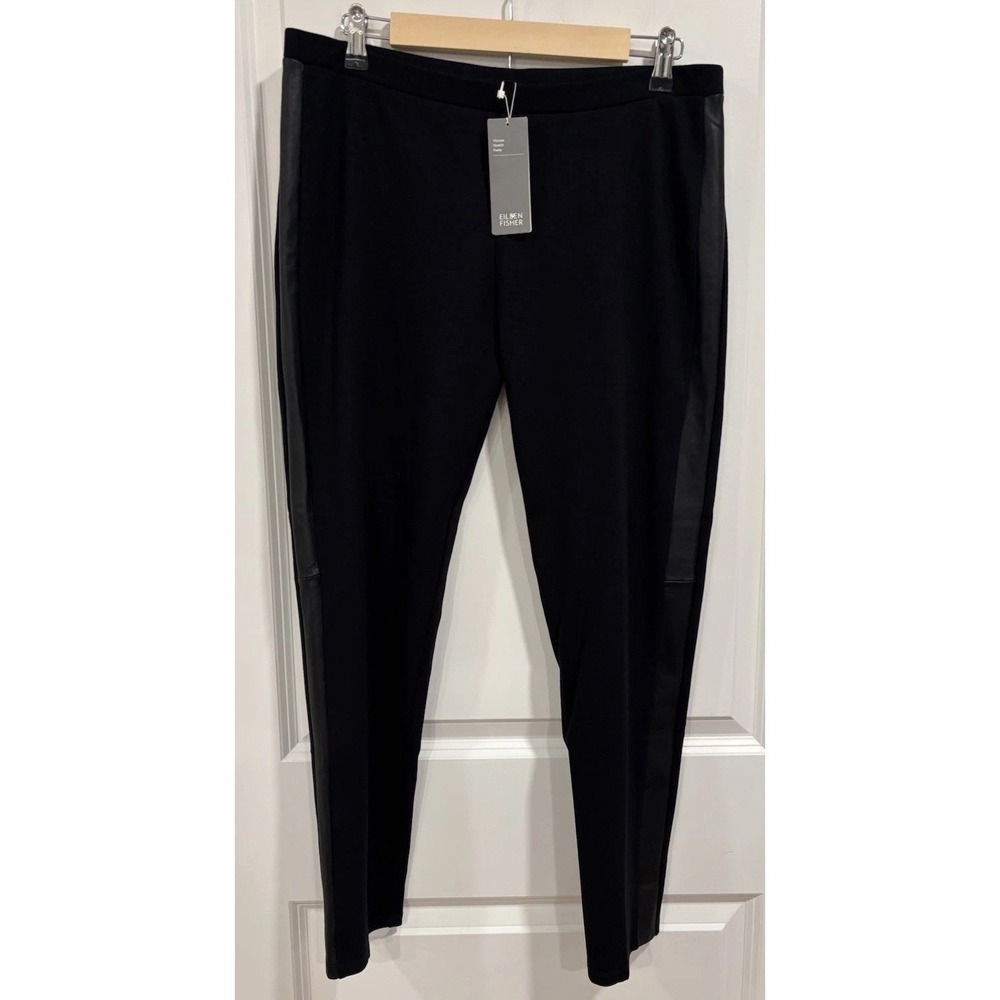 Eileen Fisher Tencel Ponte Black Lamb Leather Side Stripe Ponte L Petite NEW$338